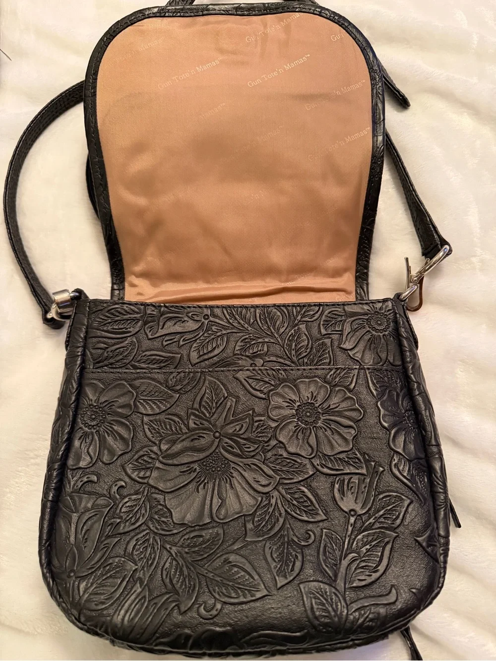 Black Embossed Floral Concealed Weapon Crossbody Shoulder Bag - Picture 3 of 11